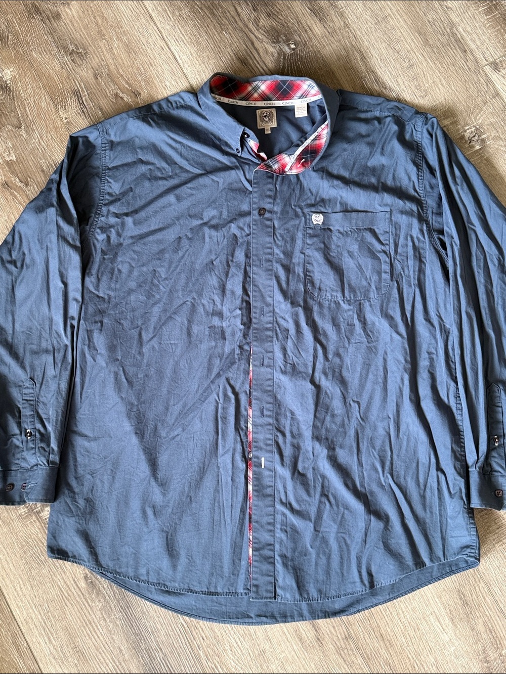 Cinch Men's Navy Button-Down Shirt with Red Plaid Trim